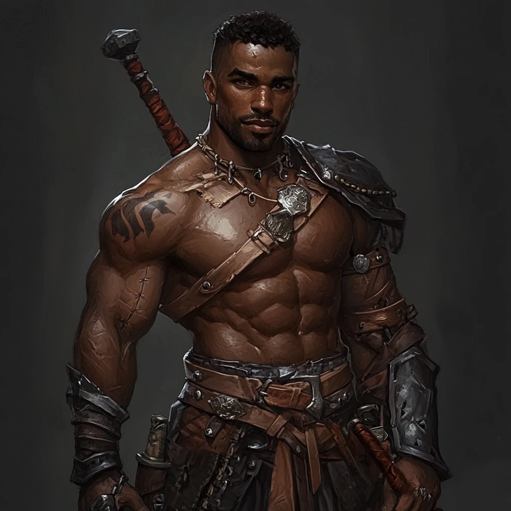 Muscular dark skinned fantasy warrior with leather armor and maul