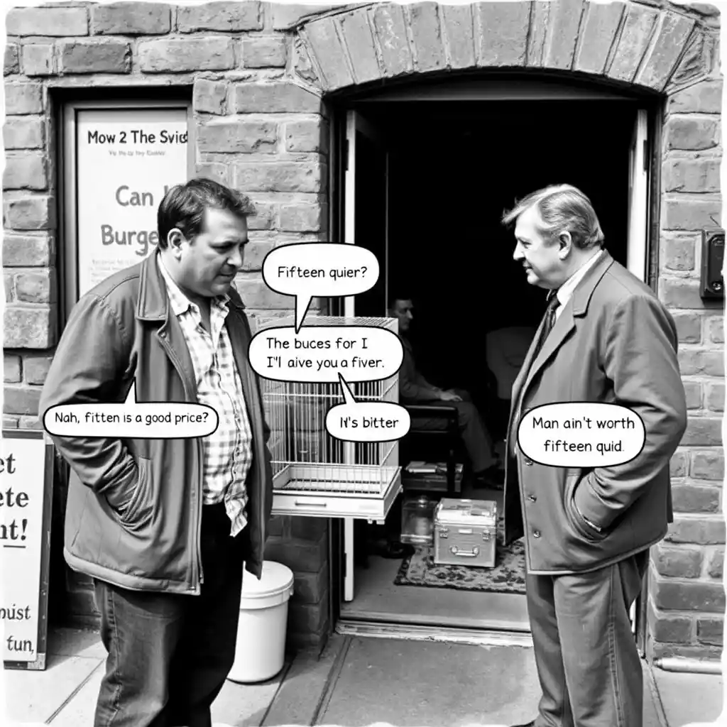 Two men haggling over the price of a budgie cage