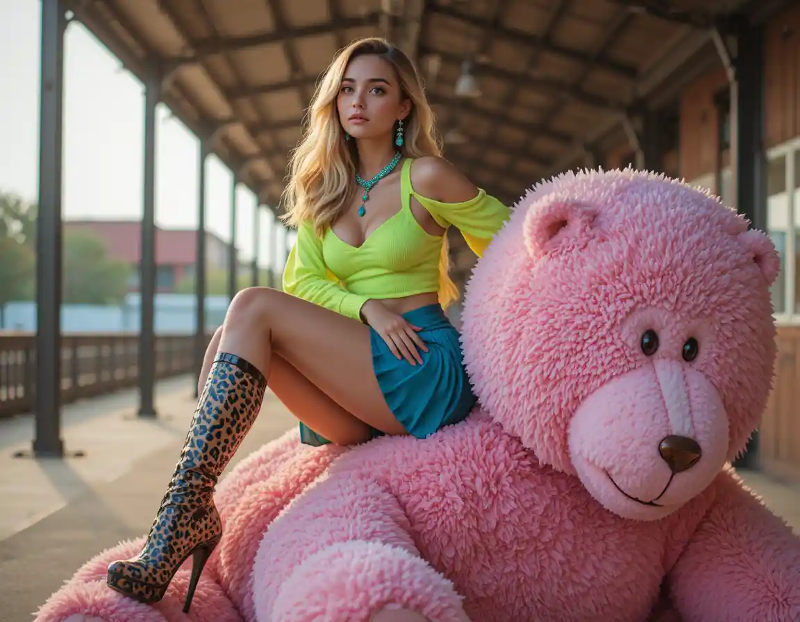 Young woman in neon fashion sitting on pink teddy bear