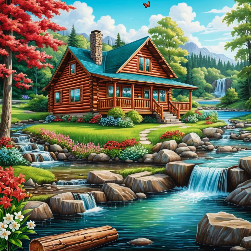 Cozy log cabin by a summer river with waterfall