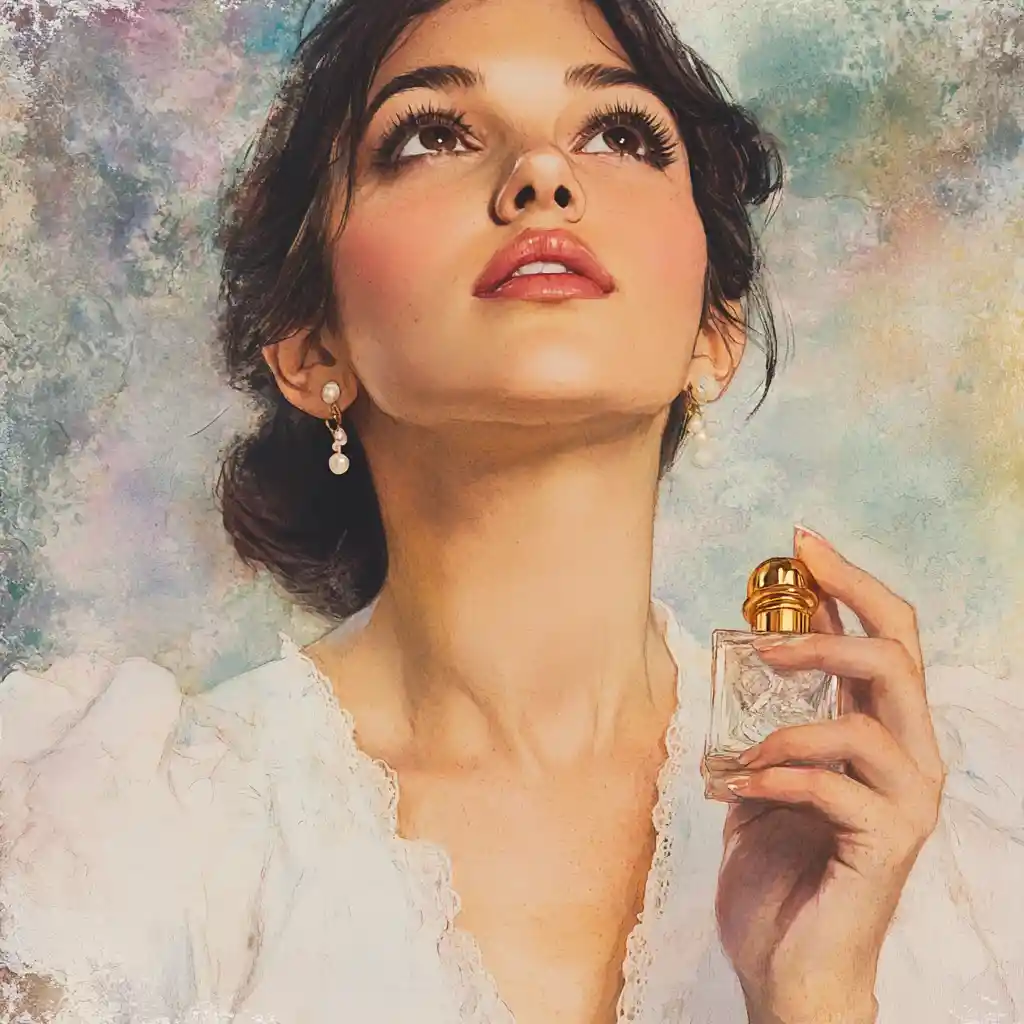 Woman holding perfume bottle in soft watercolor portrait