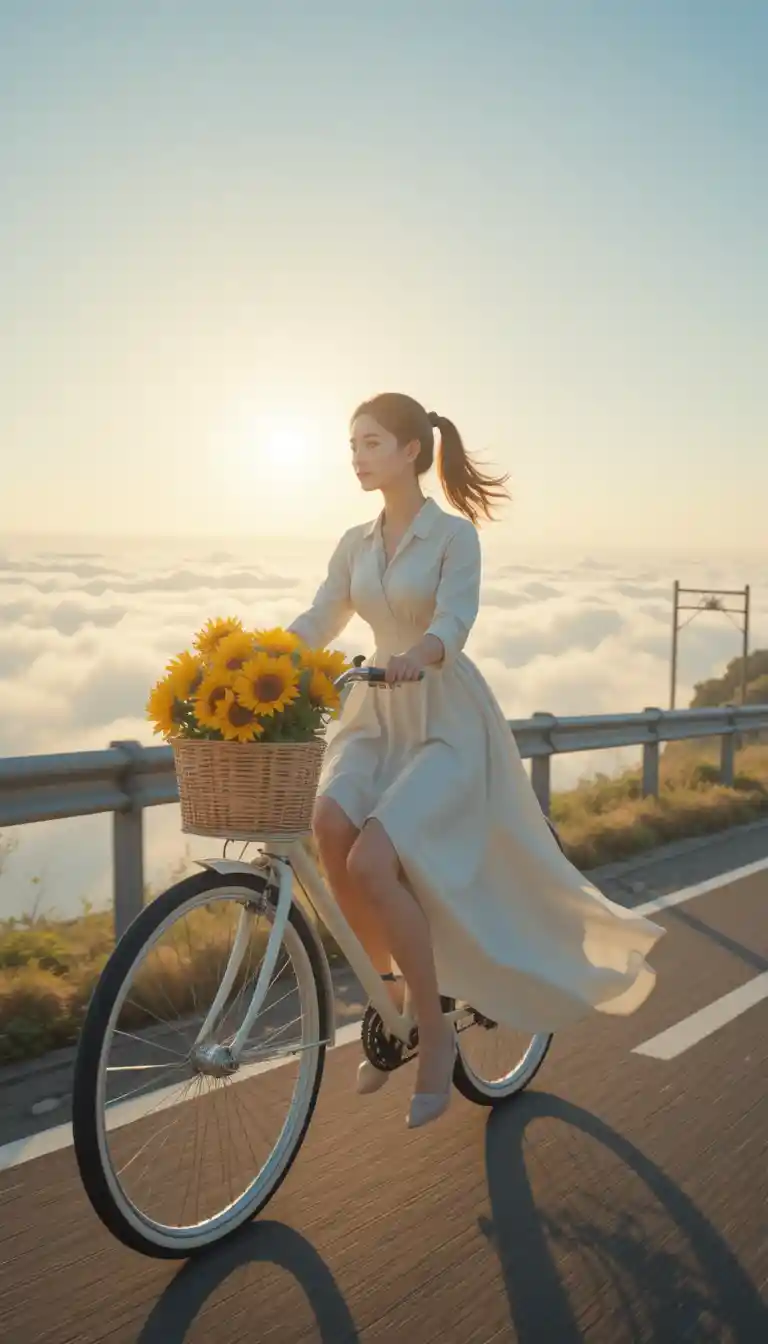 Woman cycling along a mountain highway above glowing clouds