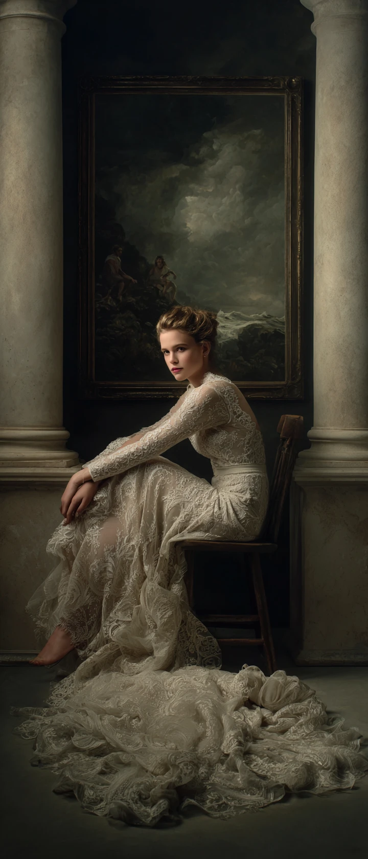 Bride in lace gown seated quietly beside stormy seascape painting