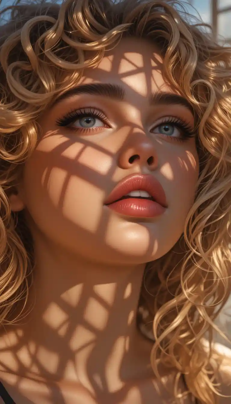 Golden light portrait of young woman with curly blonde hair