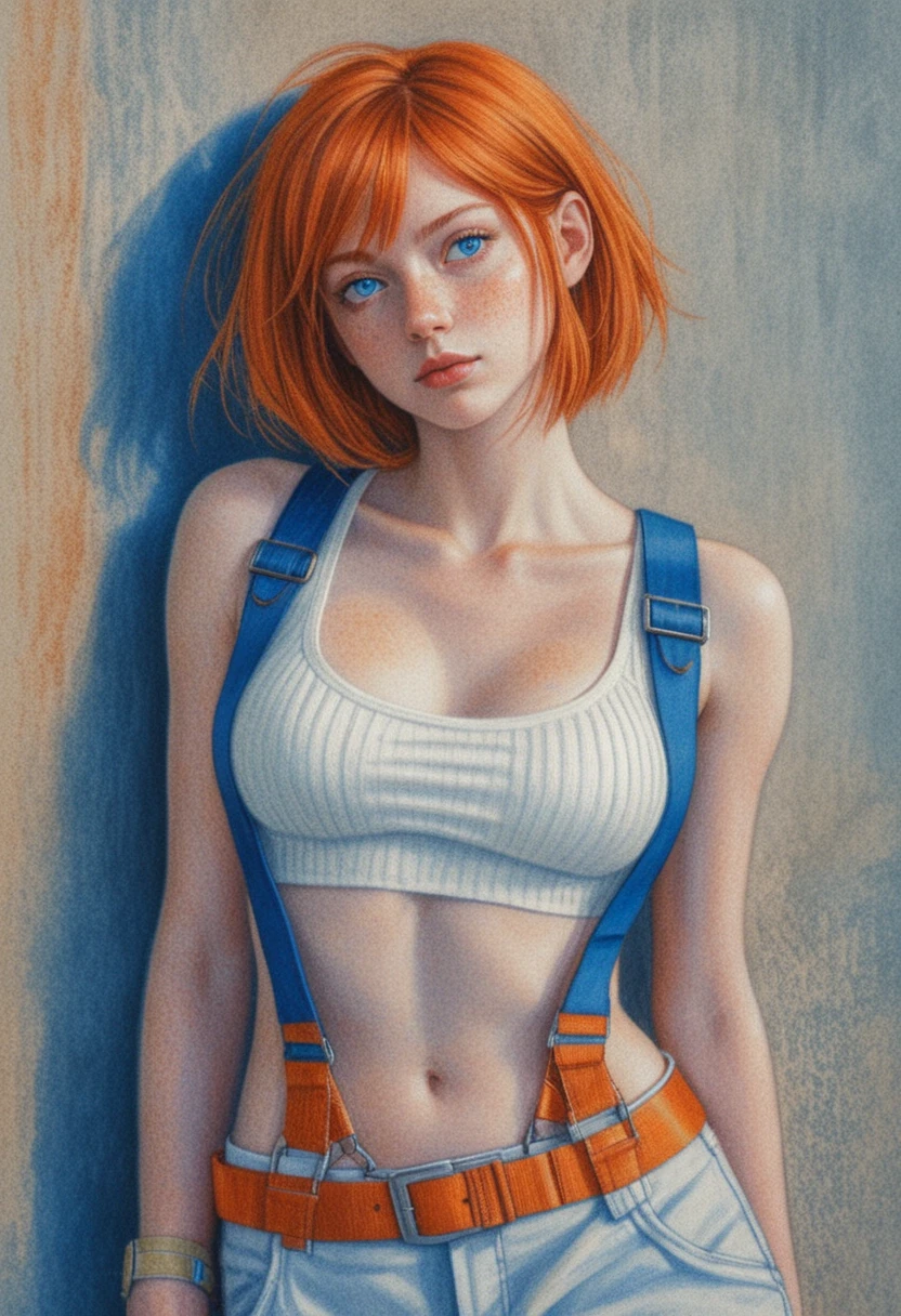 Anime woman in tactical orange outfit against concrete wall