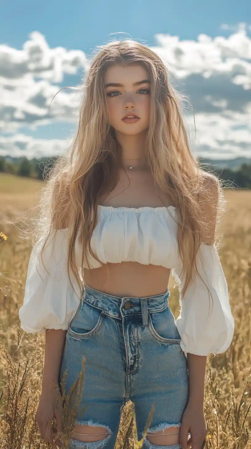 Young blonde woman in denim overalls in sunny field