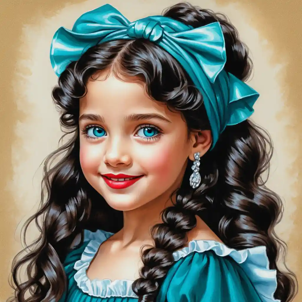 Smiling curly haired girl in teal summer dress portrait