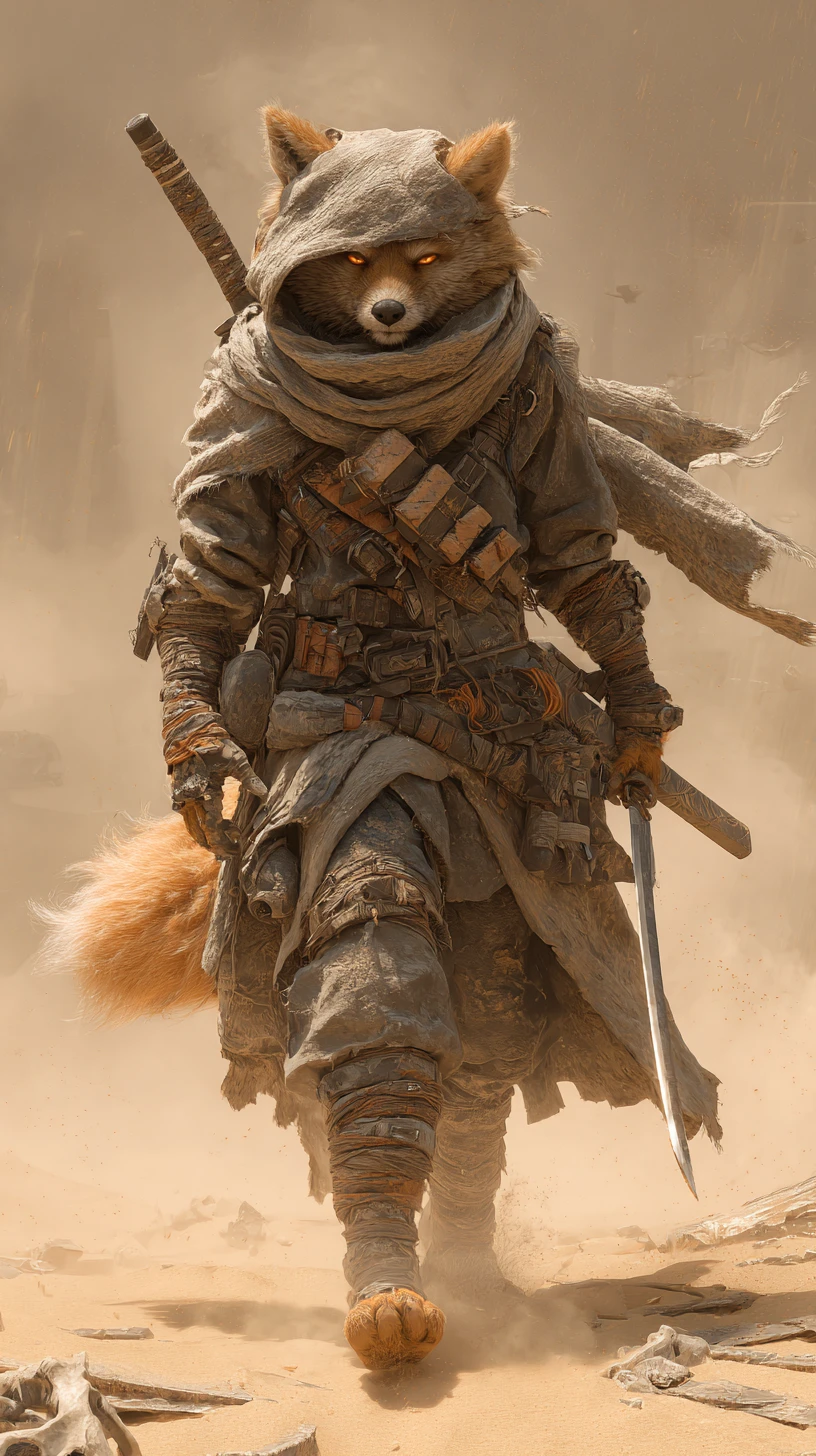 Anthropomorphic desert fox walking through a raging sandstorm