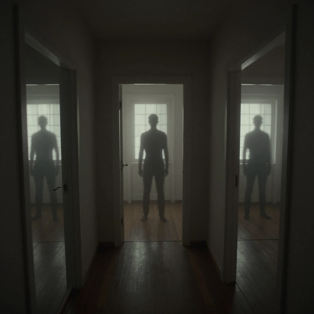 First person view down quiet home hallways with silhouettes