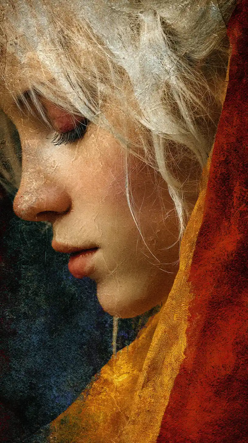 Ritratto surreale di una donna anziana bionda bohemien in luce soffusa
