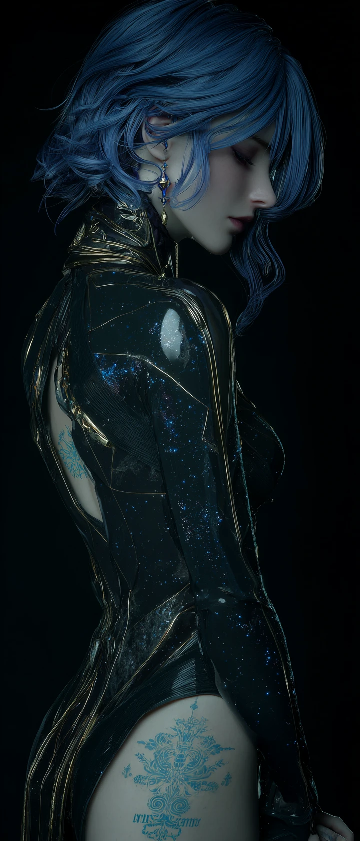 Elegant cyber armored woman in luminous 3D portrait