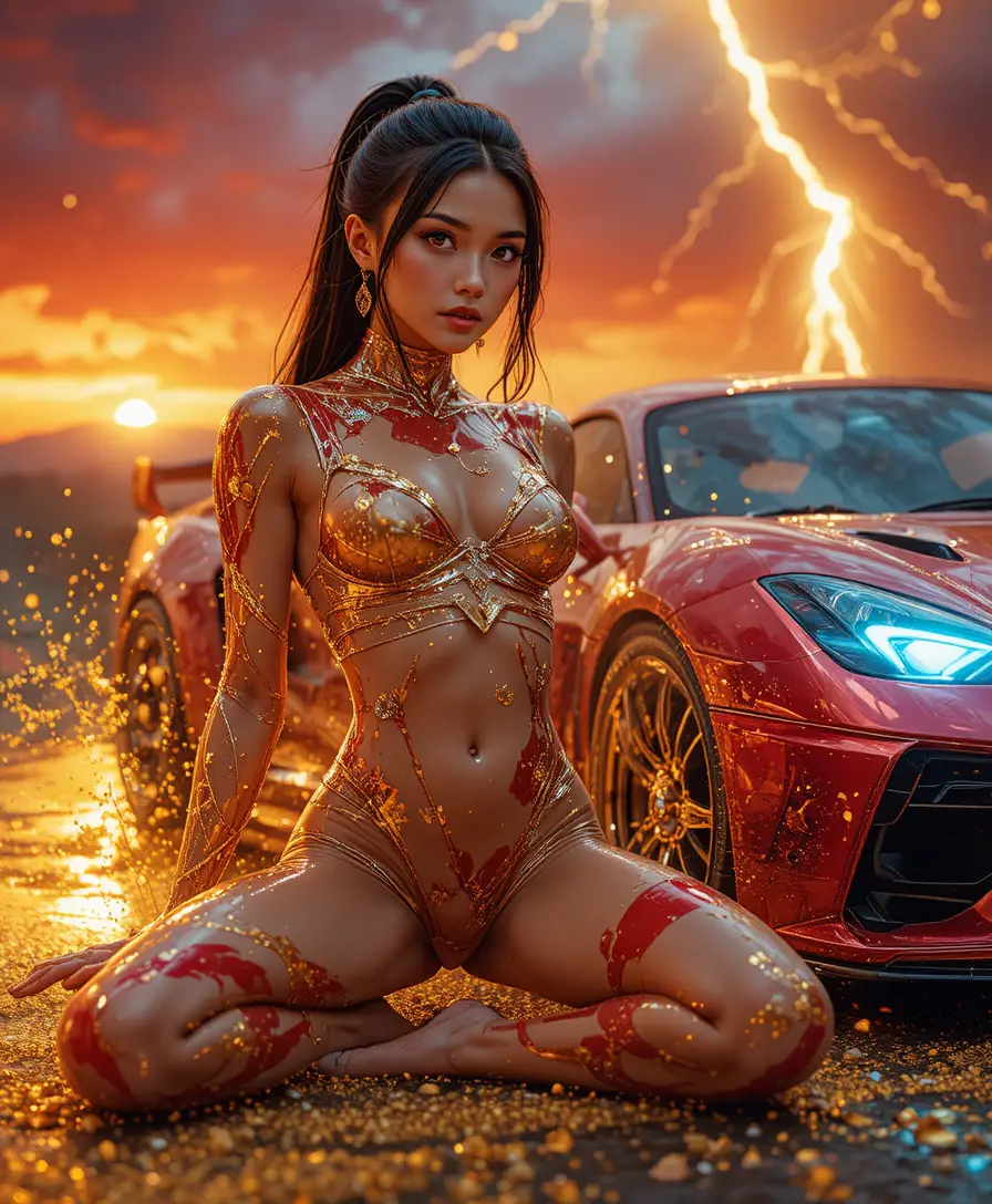 Futuristic female warrior in latex beside chrome sports car