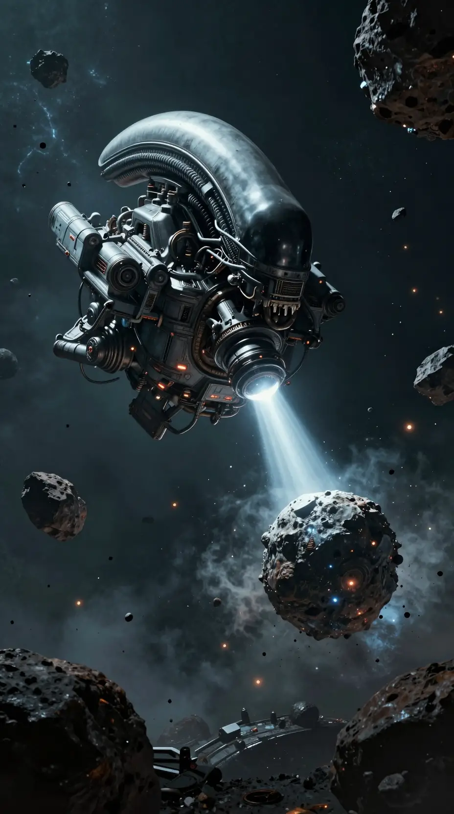 Astronave industriale che traina un asteroide attraverso un fitto campo sci‑fi