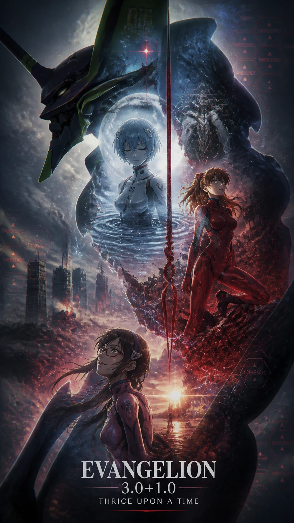 Giant mech silhouette containing three anime heroines