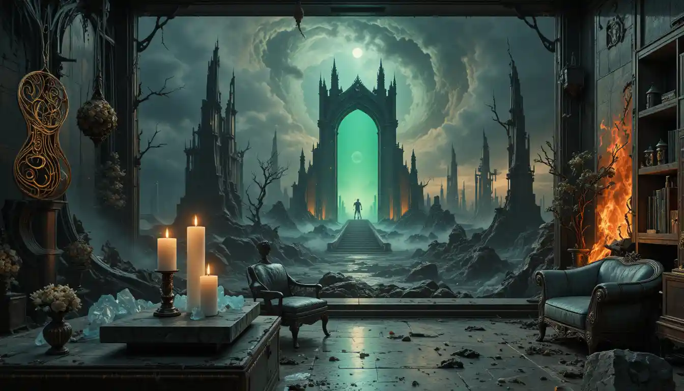 Surreal luxury room with candles and twisted metal decor