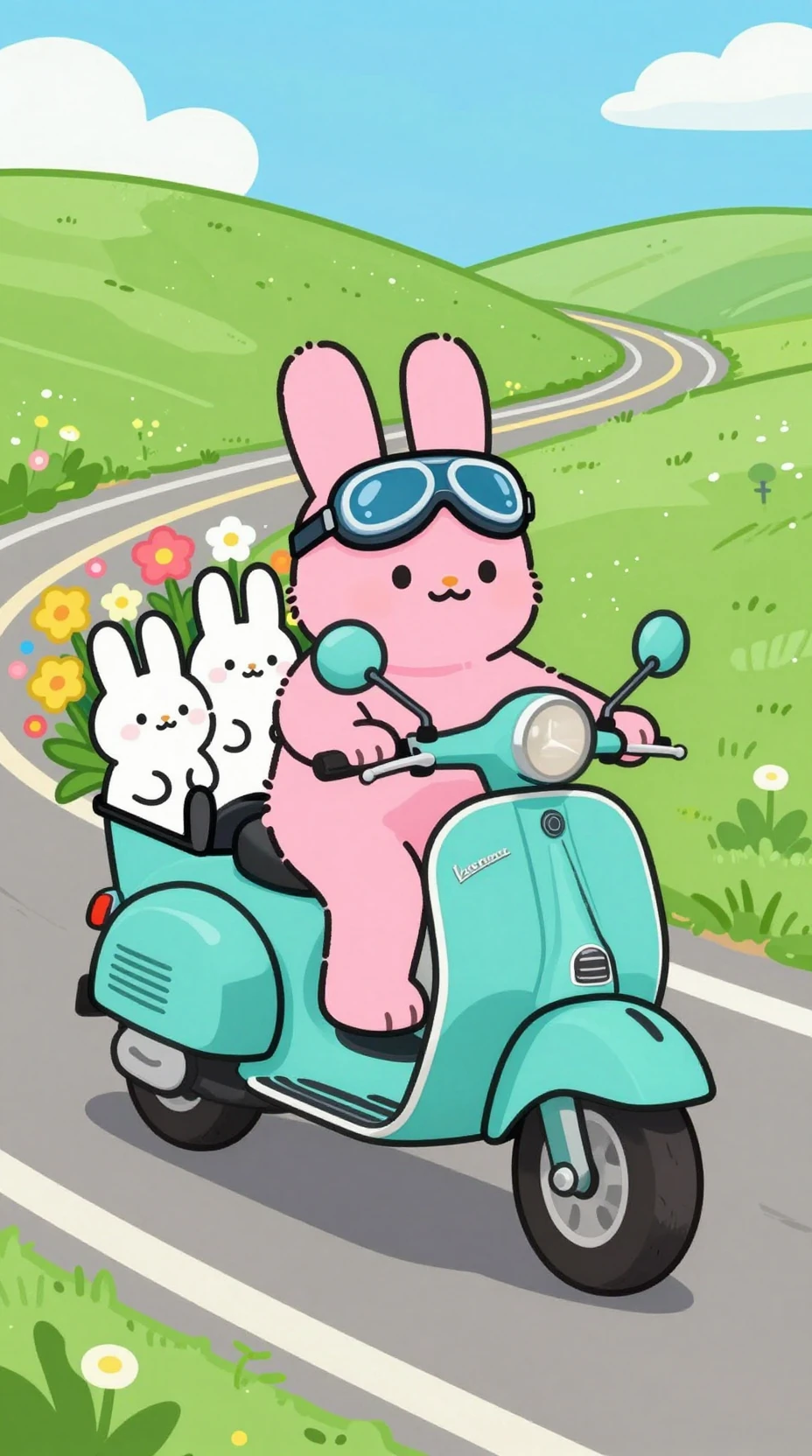 Pink rabbit driving a turquoise scooter with playful friends