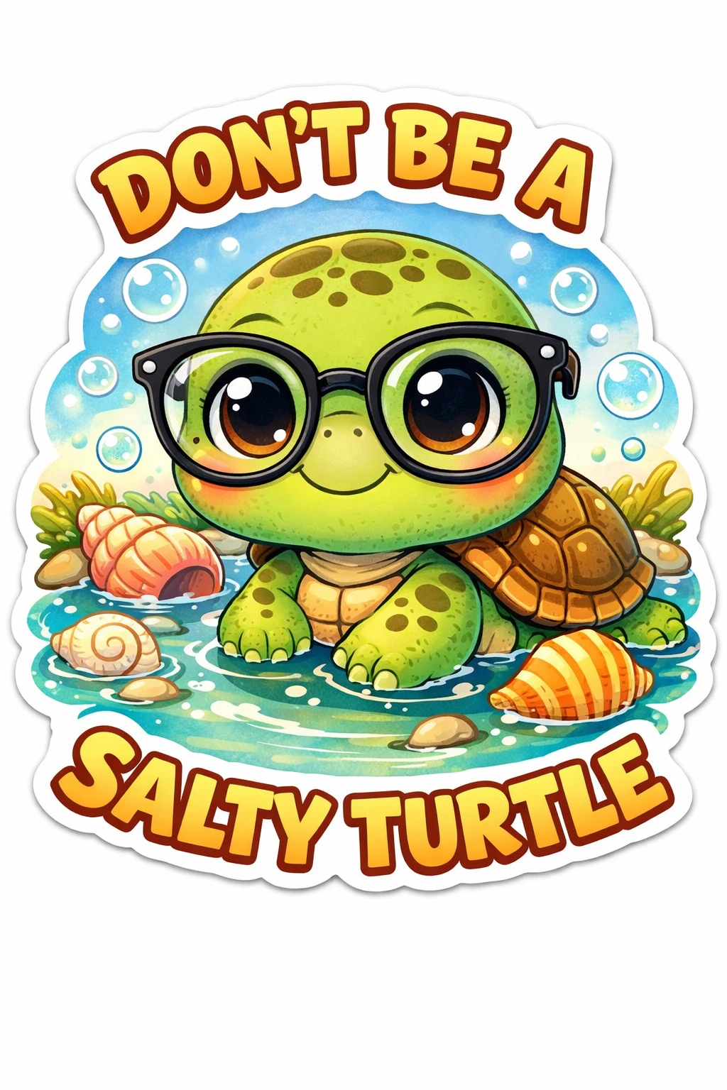 Cute baby turtle with glasses in a tide pool illustration