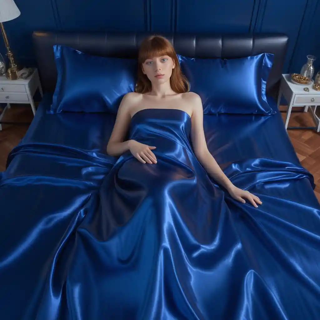 Woman lying on royal blue satin sheets looking forward