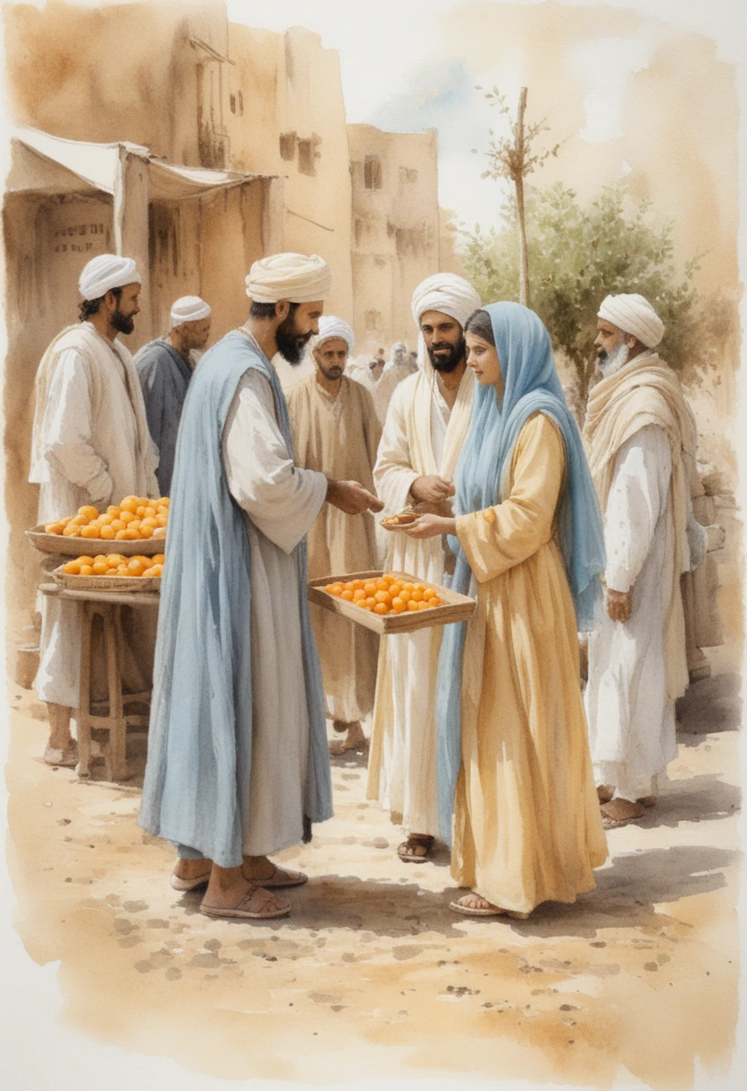 Watercolor scene of merchants sharing fruit in a marketplace