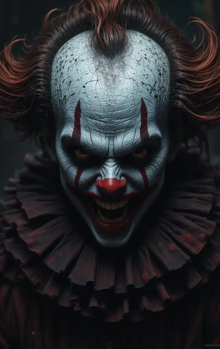 Terrifying clown with distorted pale face and stark red makeup