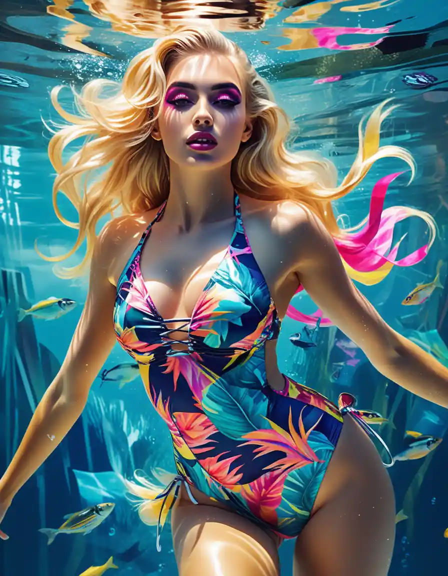 Blonde woman in tropical swimsuit gliding through underwater light