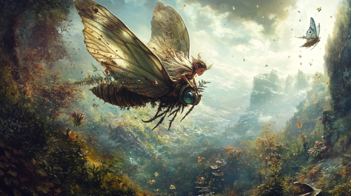 Forest sprite riding a magical moth through mountain valley