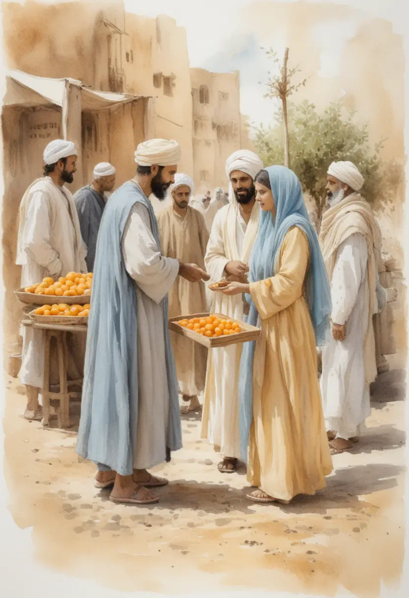 Watercolor scene of merchants sharing fruit in a marketplace