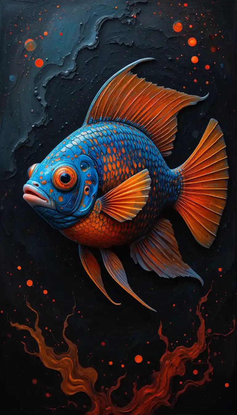 Ilustração de peixe-mandarim colorido em cena subaquática escura