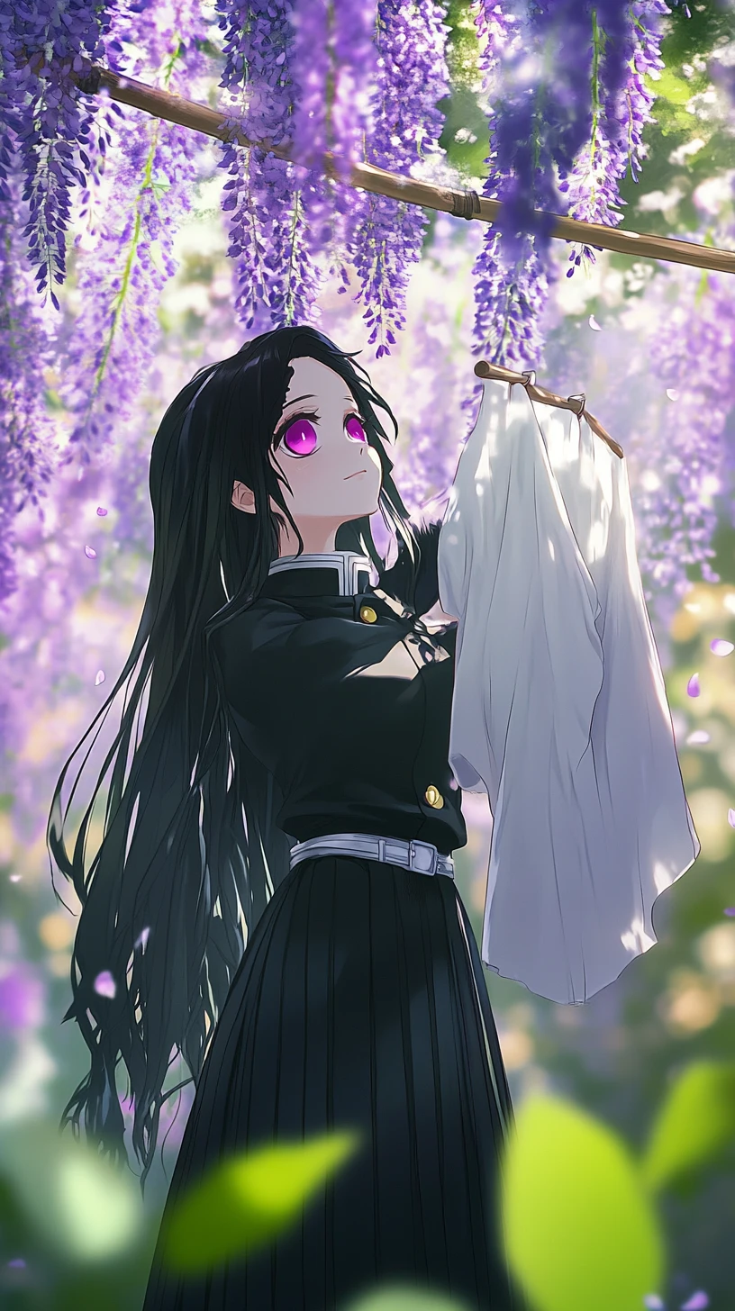 Anime girl hanging laundry under cascading wisteria