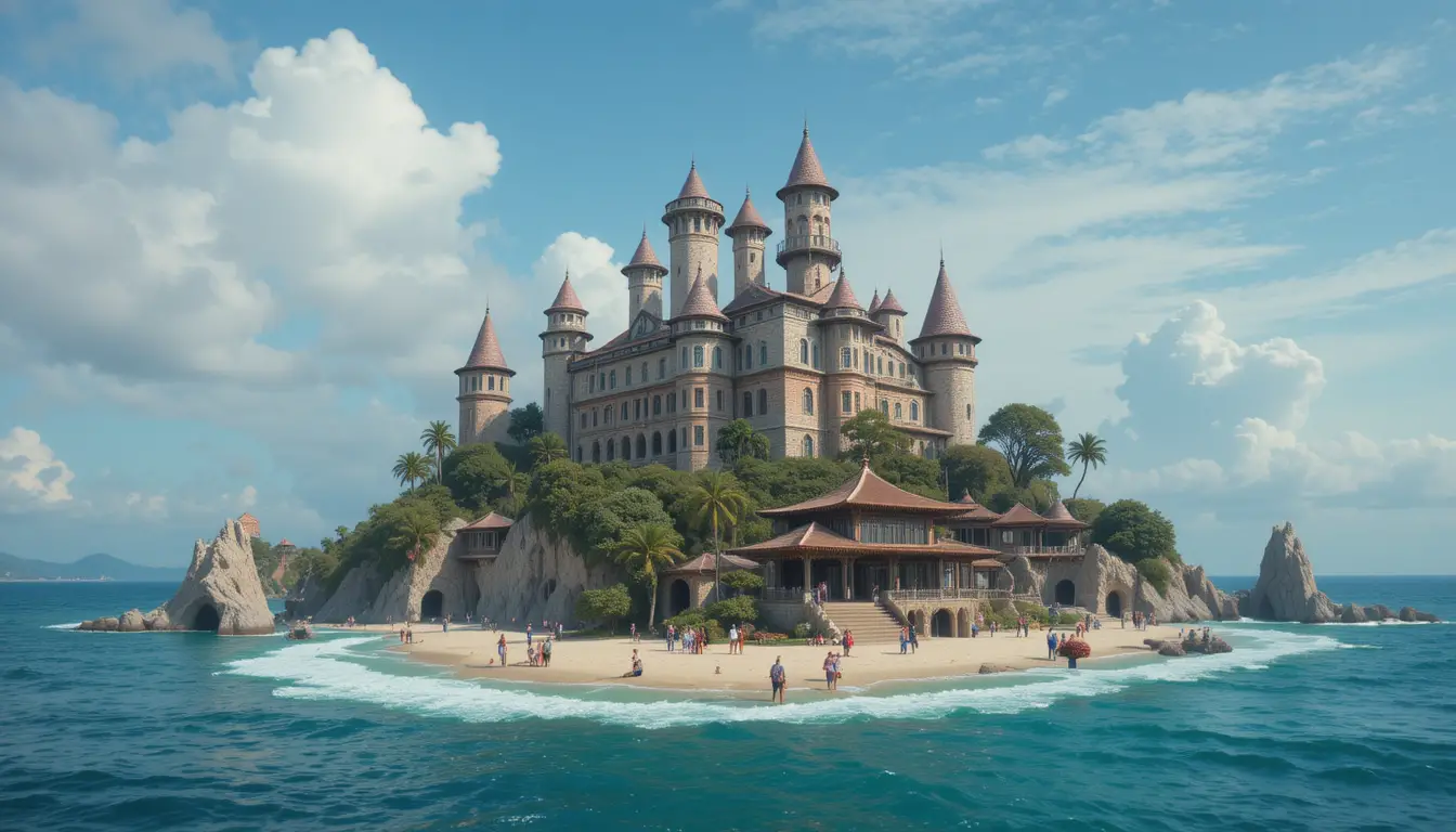 Man and assistant welcoming guests to a mysterious island
