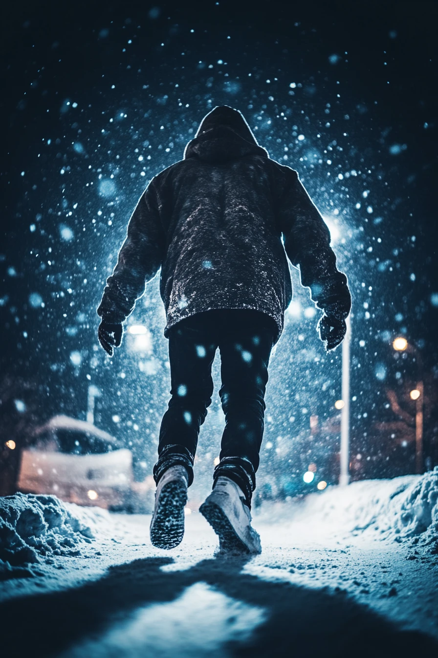 Hooded Man Under Northern Lights In Dramatic Low Angle View