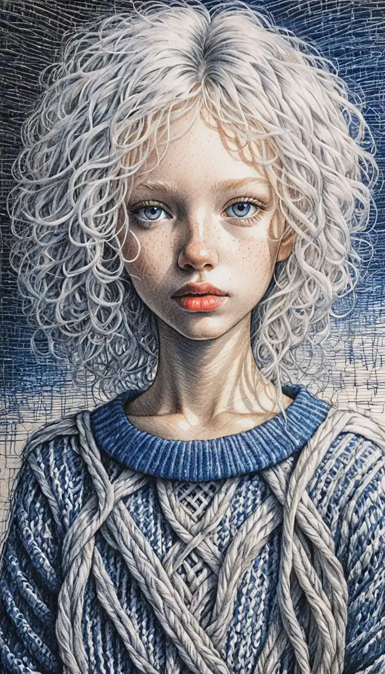 Blue pen portrait of an albino girl with curly hair
