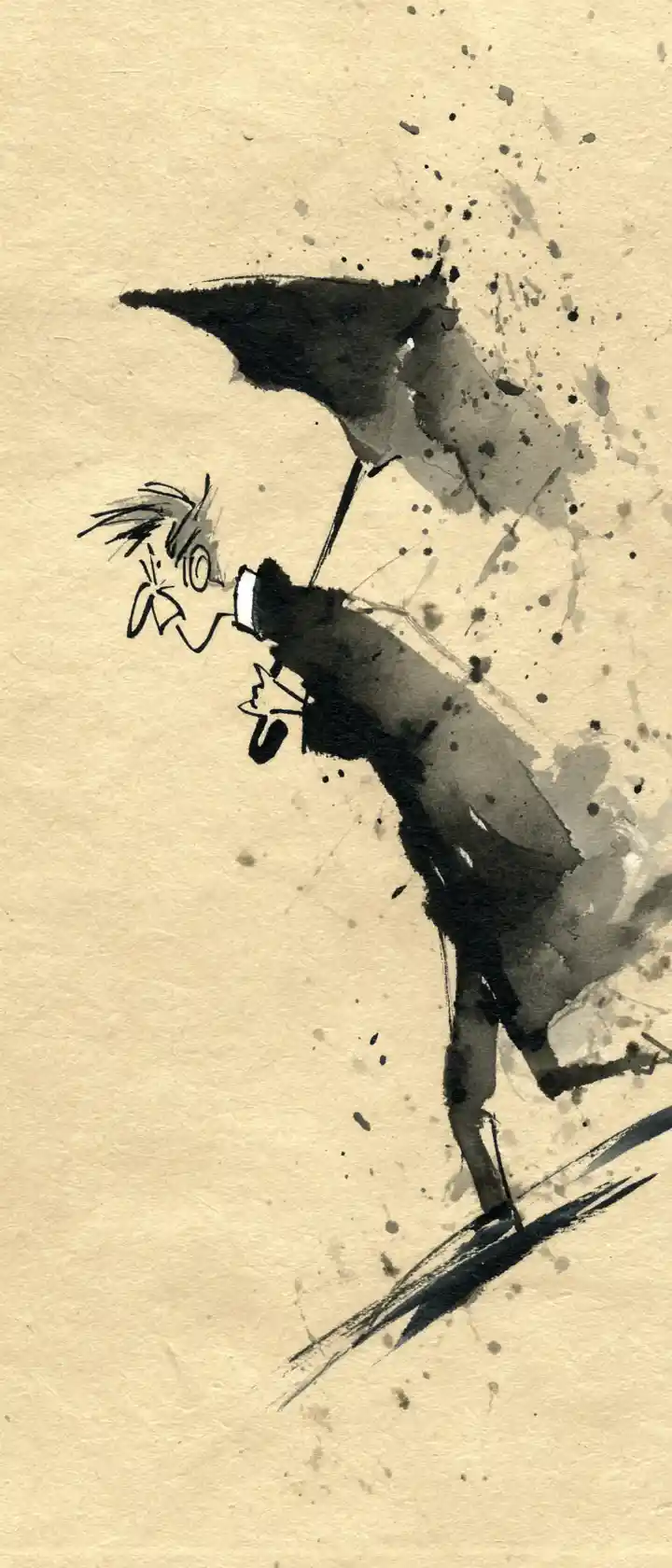 Person battling fierce wind with inside out umbrella