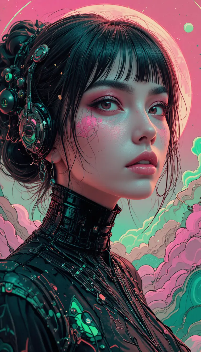 Donna futuristica d'avanguardia in stile manga neon surreale