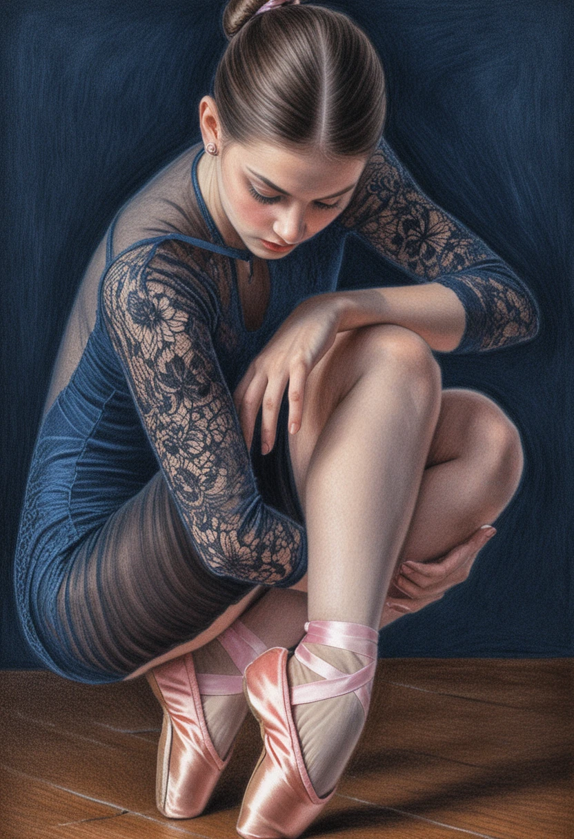 Young ballerina in lace leotard crouched on wooden floor