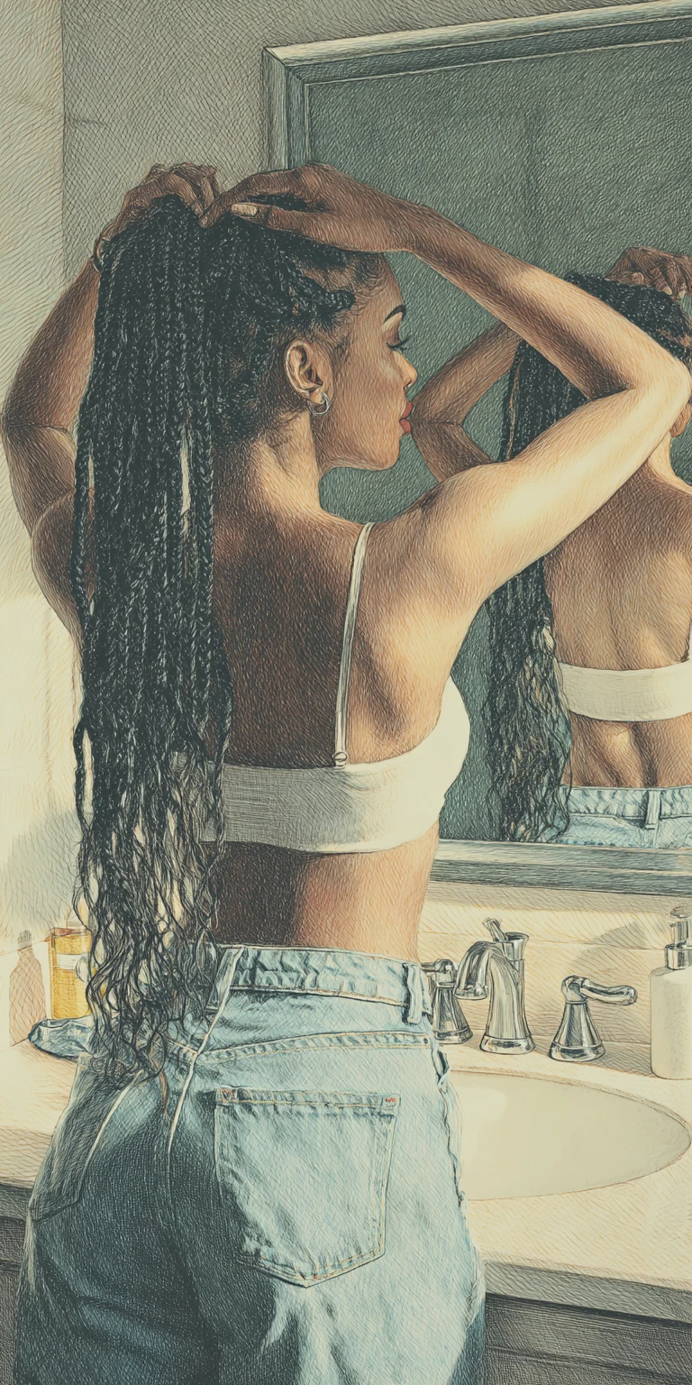Young woman adjusting box braids before a bathroom mirror