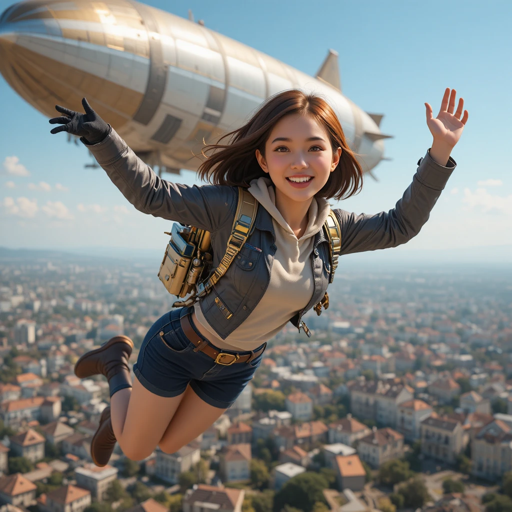 Joyful Korean heroine flying high above whimsical tinker town