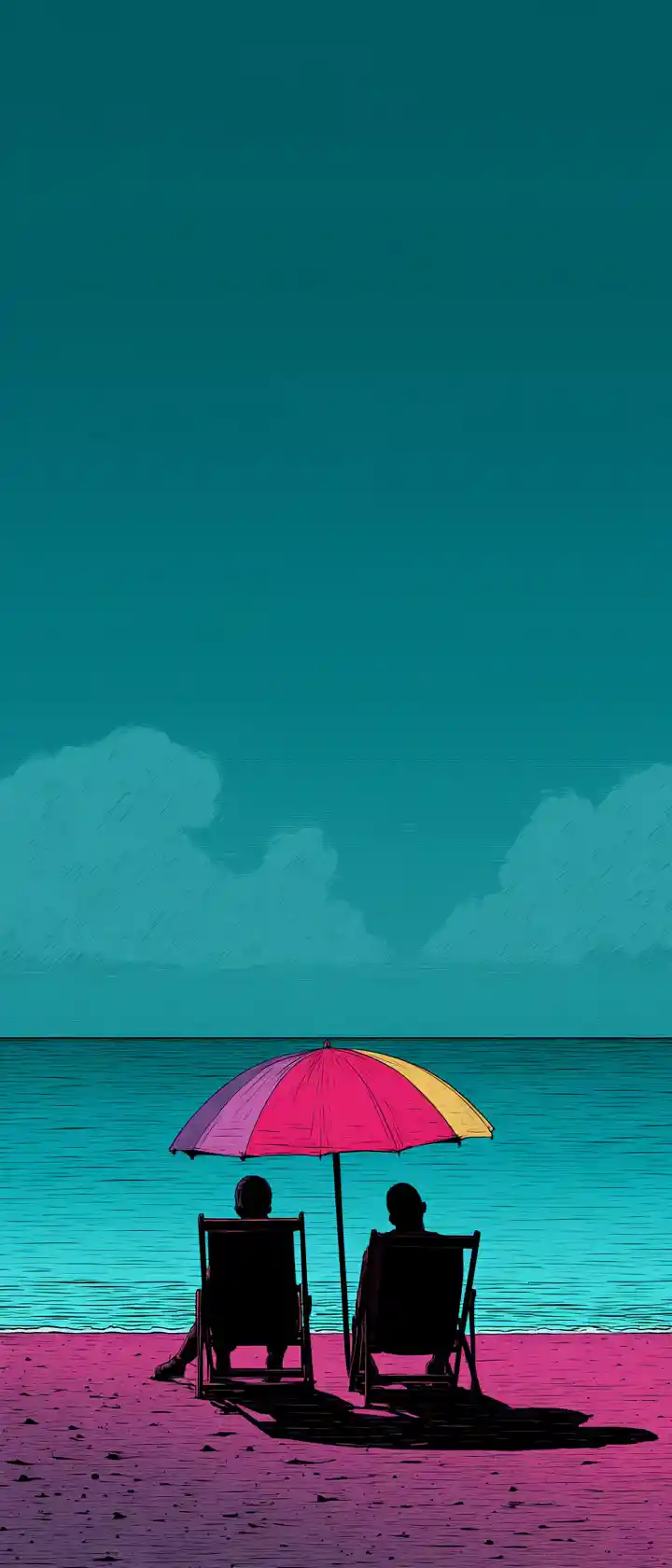Two friends on beach chairs facing a calm neon sea