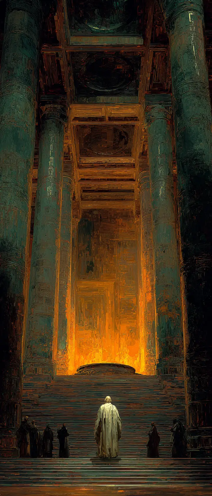 Glowing wizard of light guards a sacred temple fire