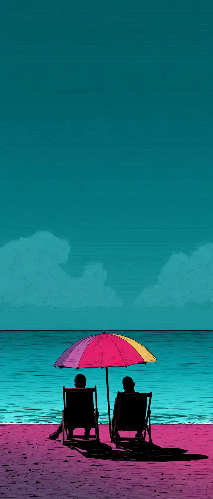 Two friends on beach chairs facing a calm neon sea