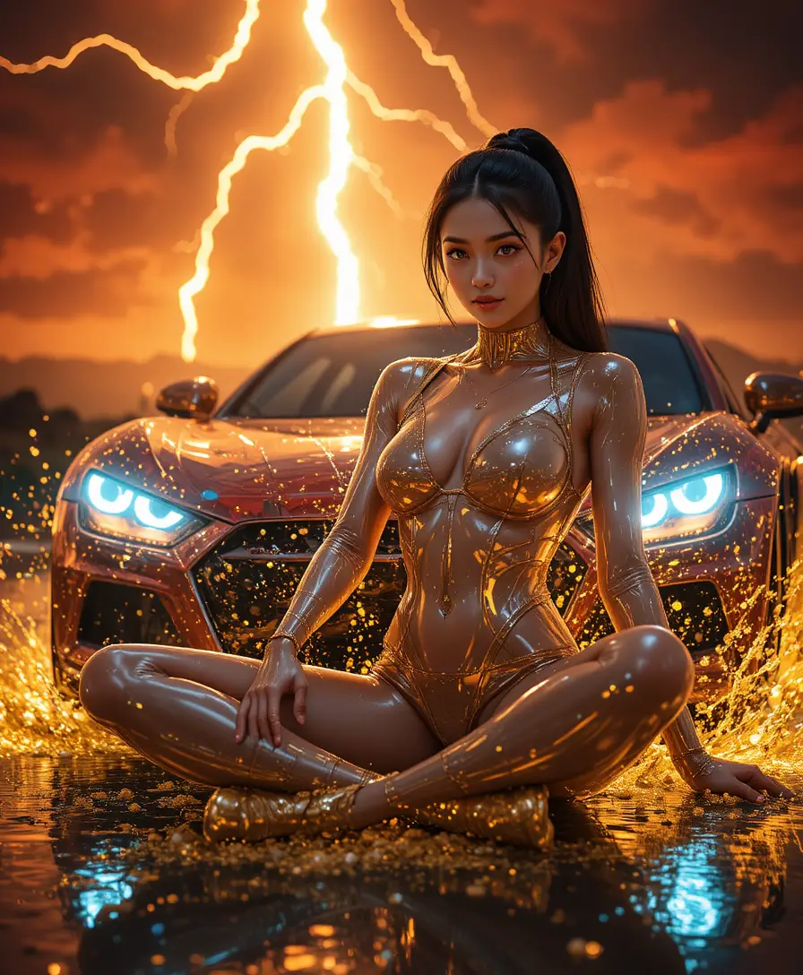 Futuristic female warrior reclining amid swirling golden particles