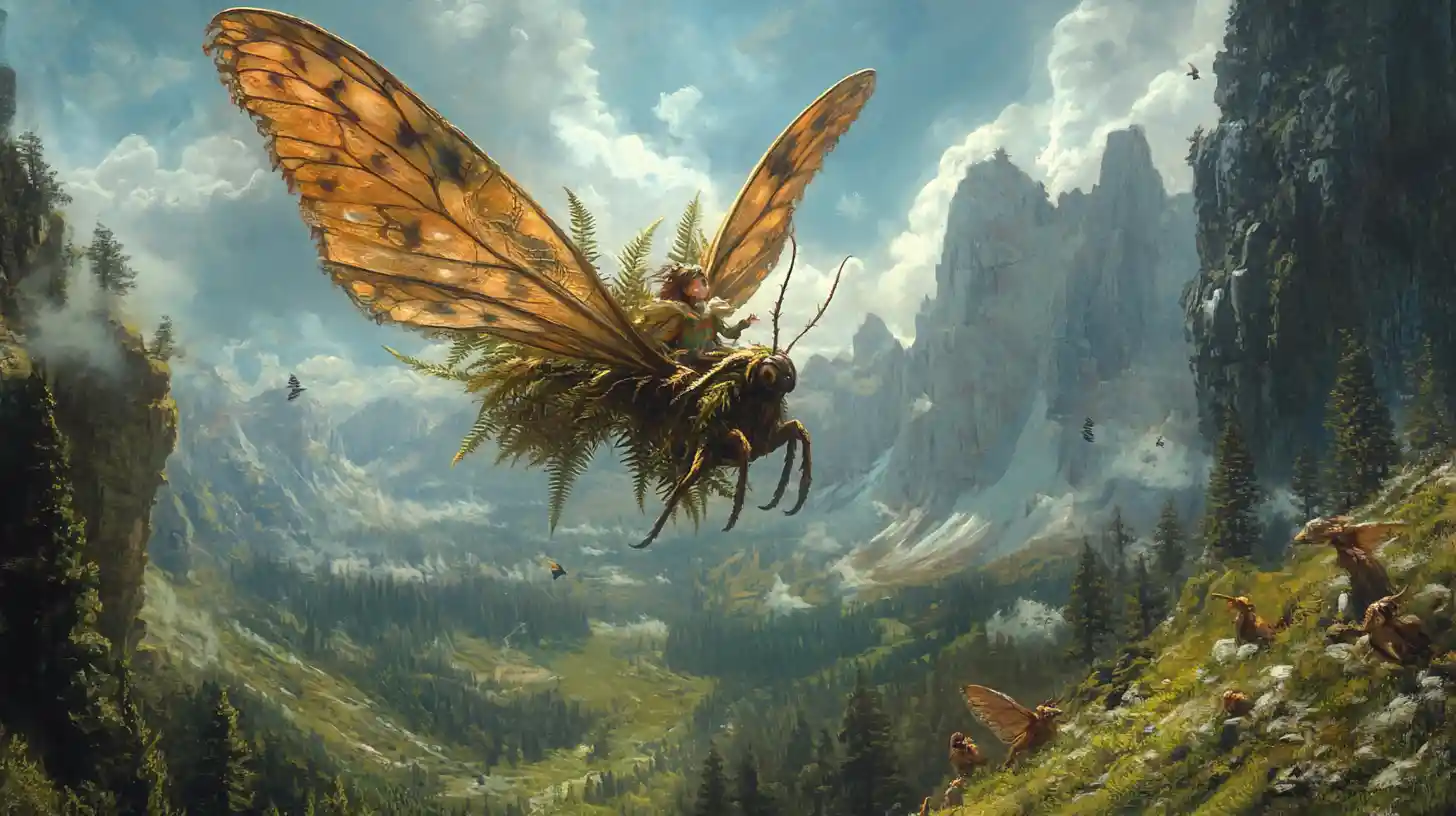Forest sprite riding a magical moth through mountain valley