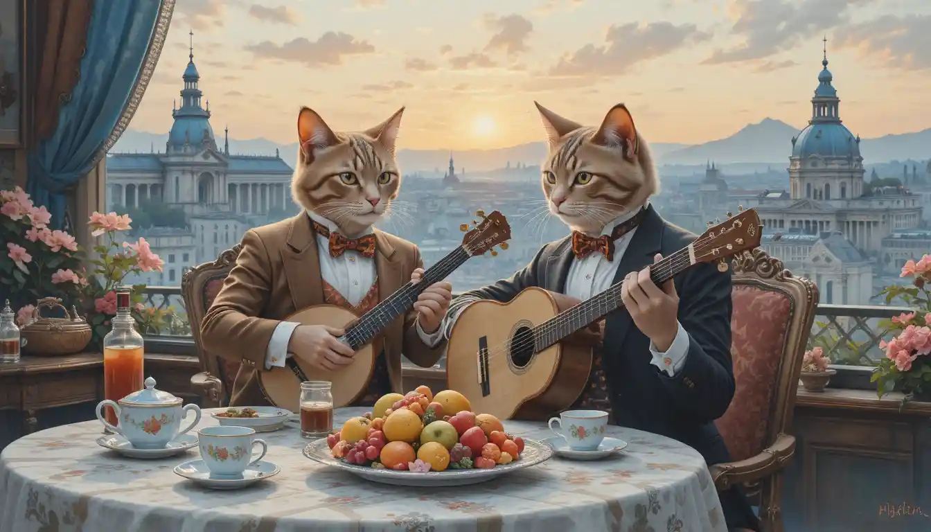 Anthropomorphic Cats Playing Lute At Sunset Tea Table