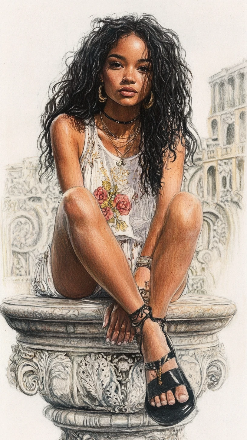 Confident woman by a stone fountain in floral halter dress