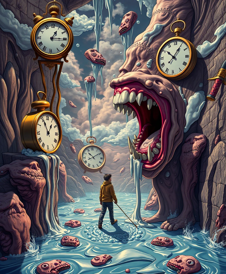 Surreal screaming figure in a chaotic dream landscape