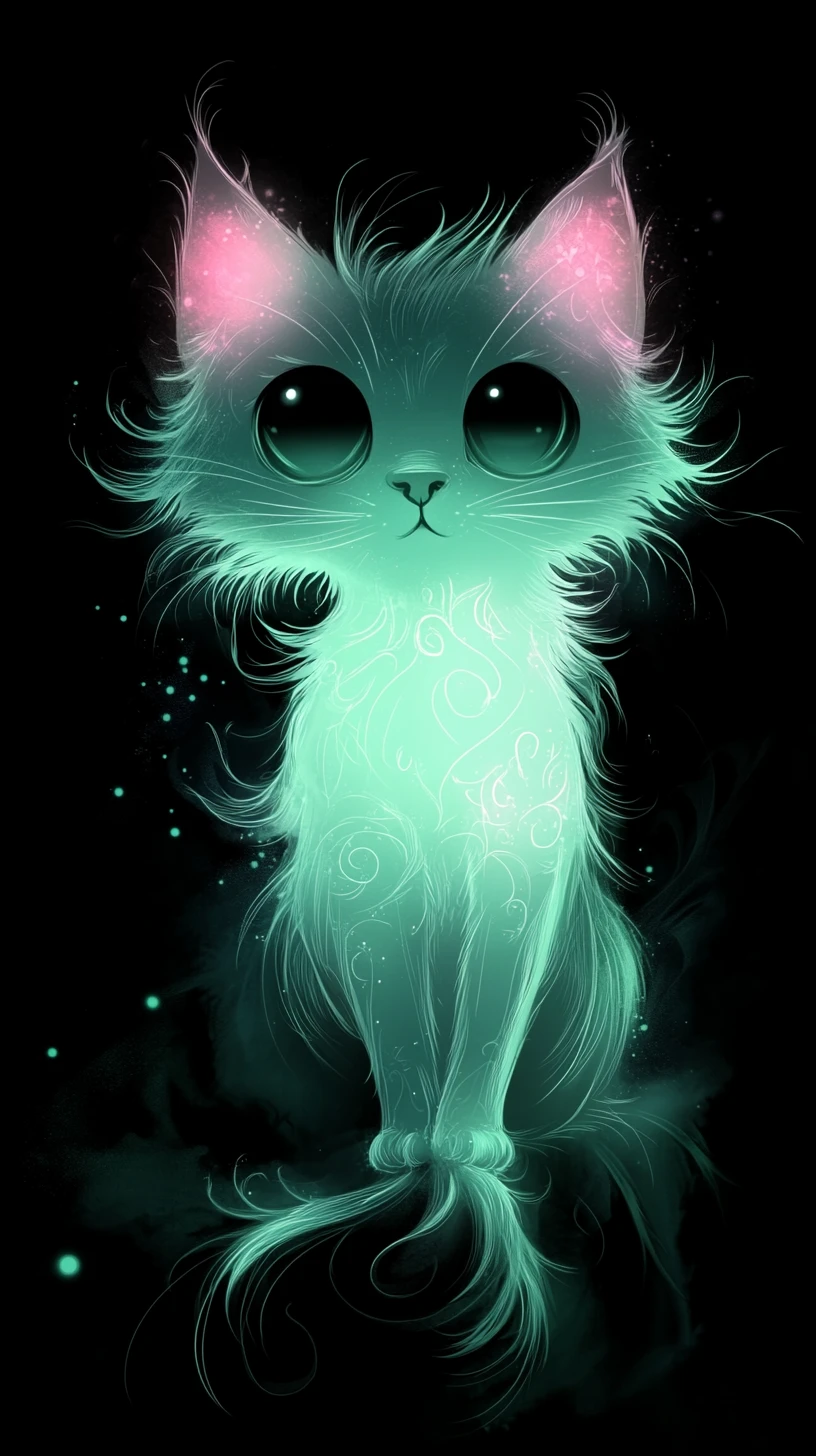 Glowing Gothic Kitten Silhouette With Magical Mint And Pink Aura