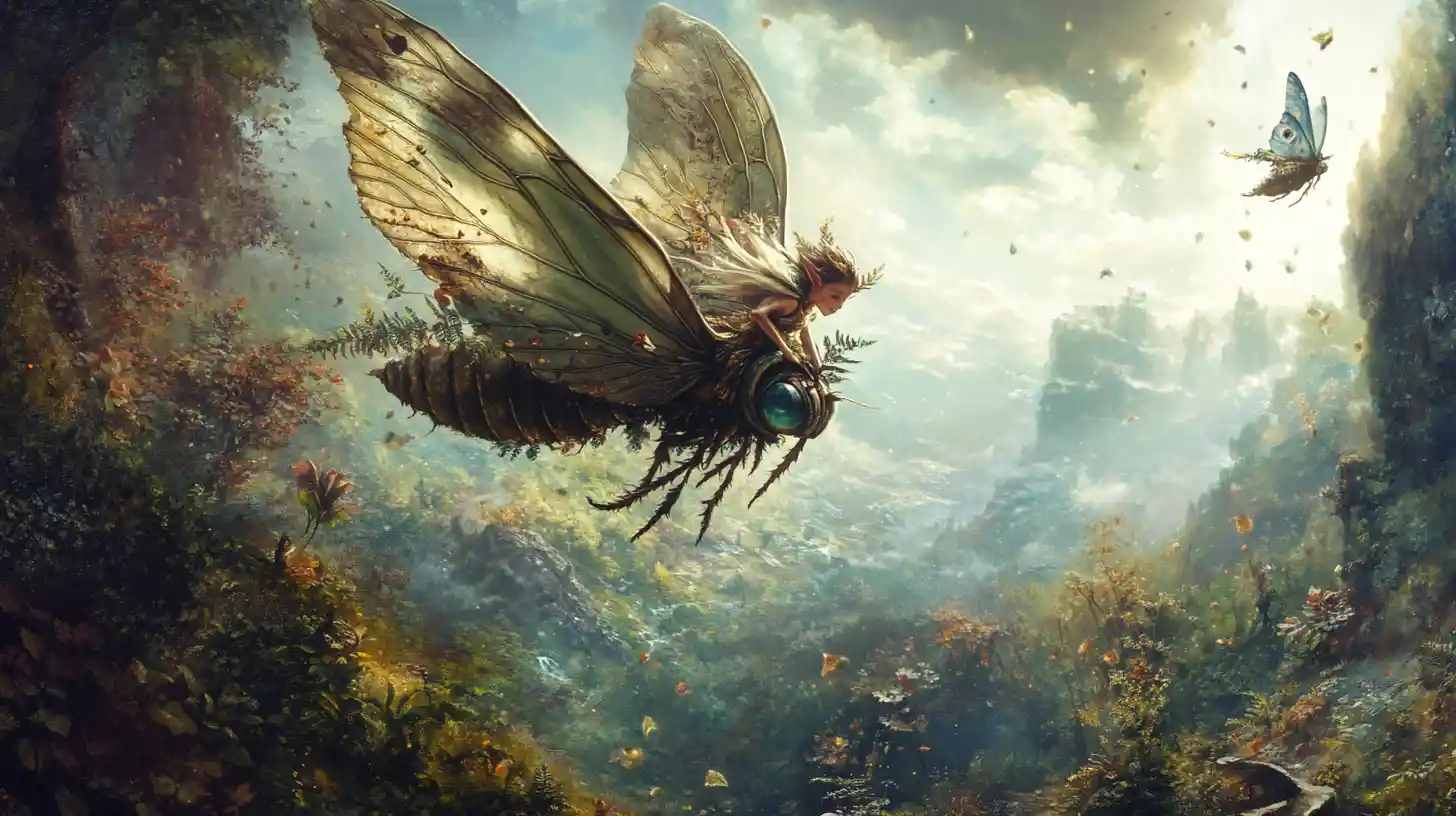 Forest sprite riding a magical moth through mountain valley