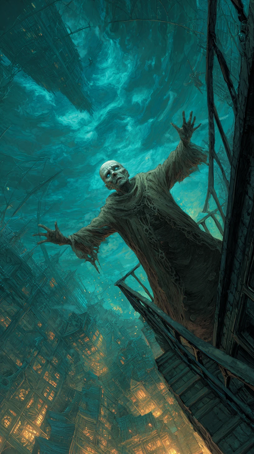 Ancient Wizard Casting A Spell On A Glass Tower Balcony