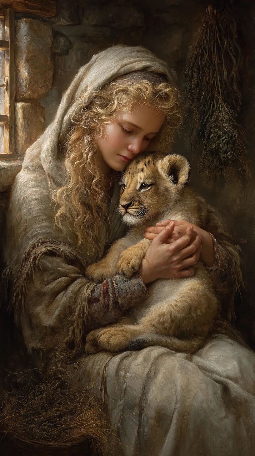 Older woman comforting a wounded griffin cub in cottage