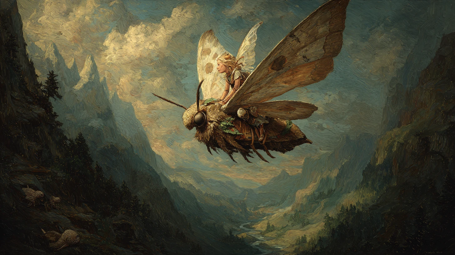 Forest sprite riding a magical moth through mountain valley